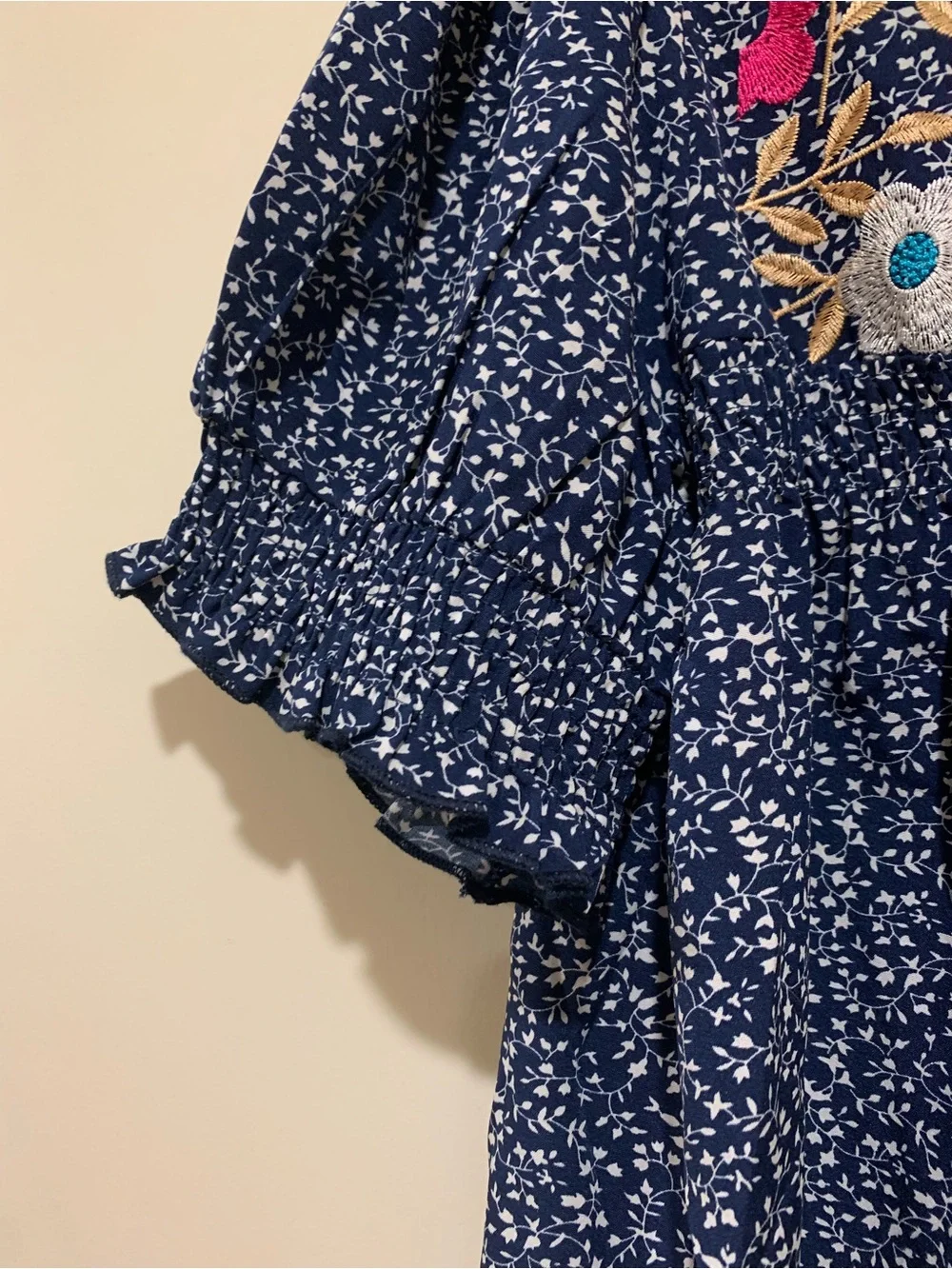 Navy Floral Embroidered Short Sleeve Blouse - Picture 5 of 5